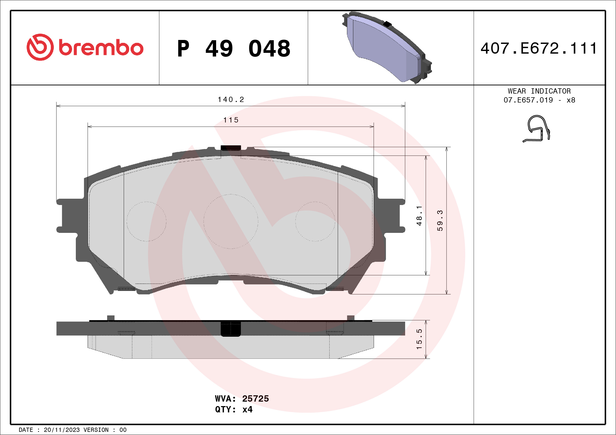A.B.S. P 49 048 BREMBO Bremsbelagsatz, Scheibenbremse